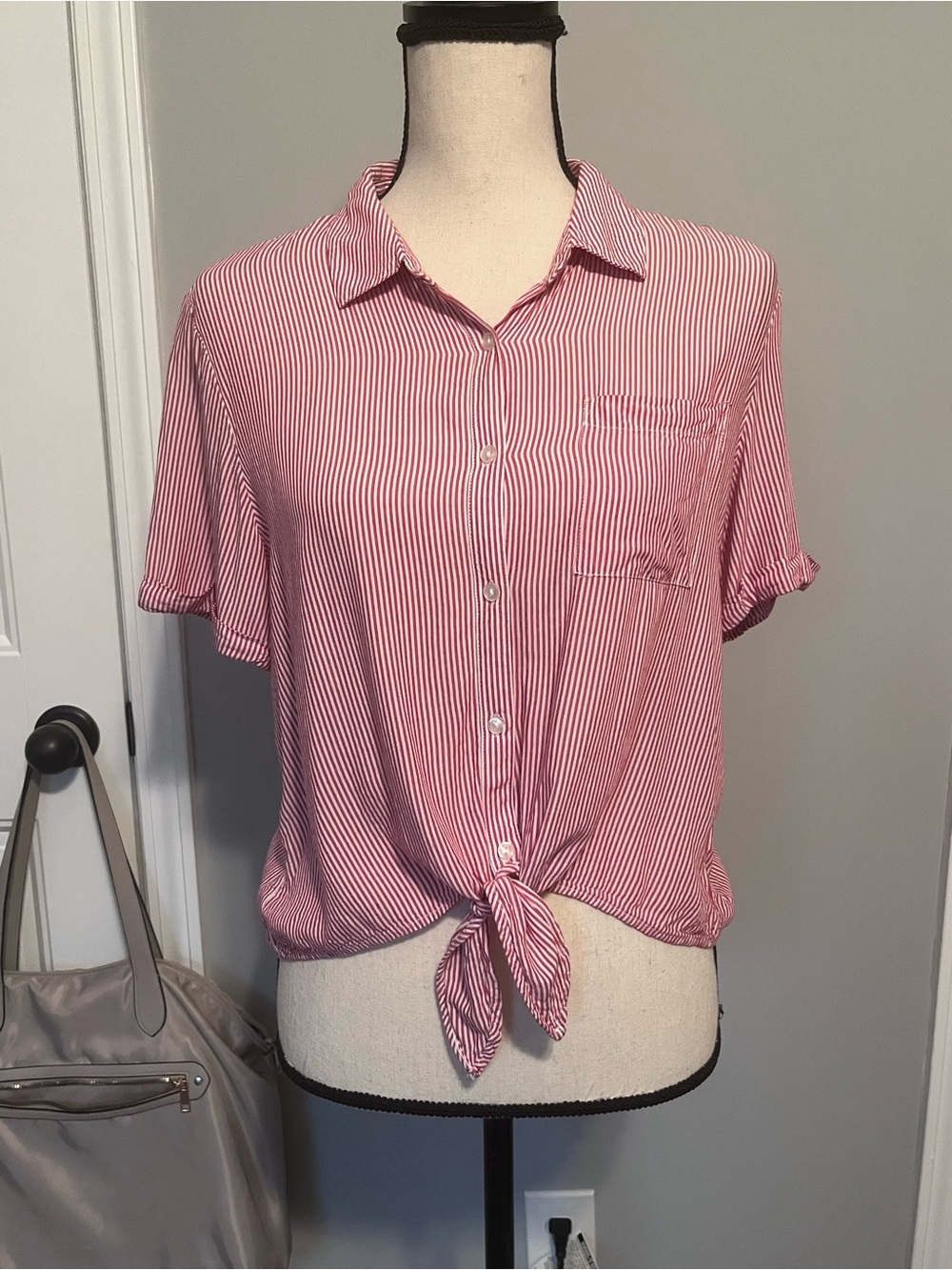 Relaxed Red Stripe Tie-Front Button Shirt